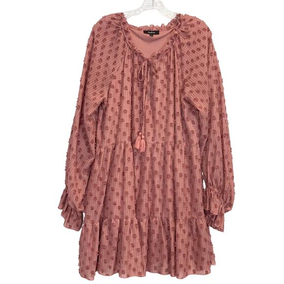 NWOT AAKAA Dress L Fluffy-Swiss-Dot Bow-Tassel A-Line Ruffle Tiered Balloon-Slev